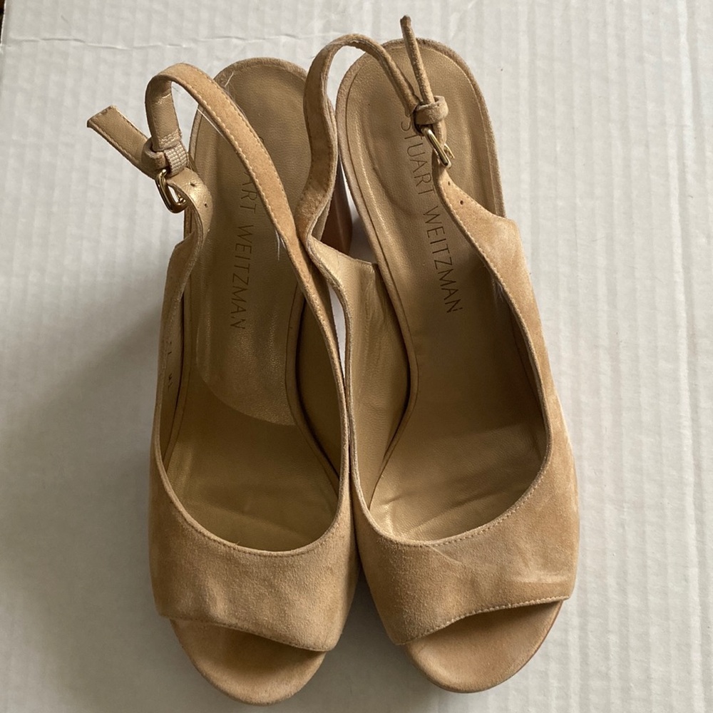 Stuart Weitzman Tan Suede Peep-Toe Slingback Platforms